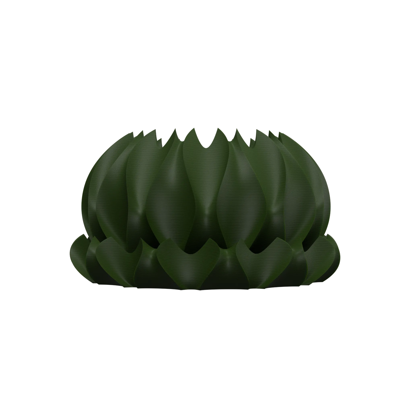 Pot décoratif vert foncé en résine, design moderne en forme de fleur aux pétales larges et incurvés, finition lisse et.