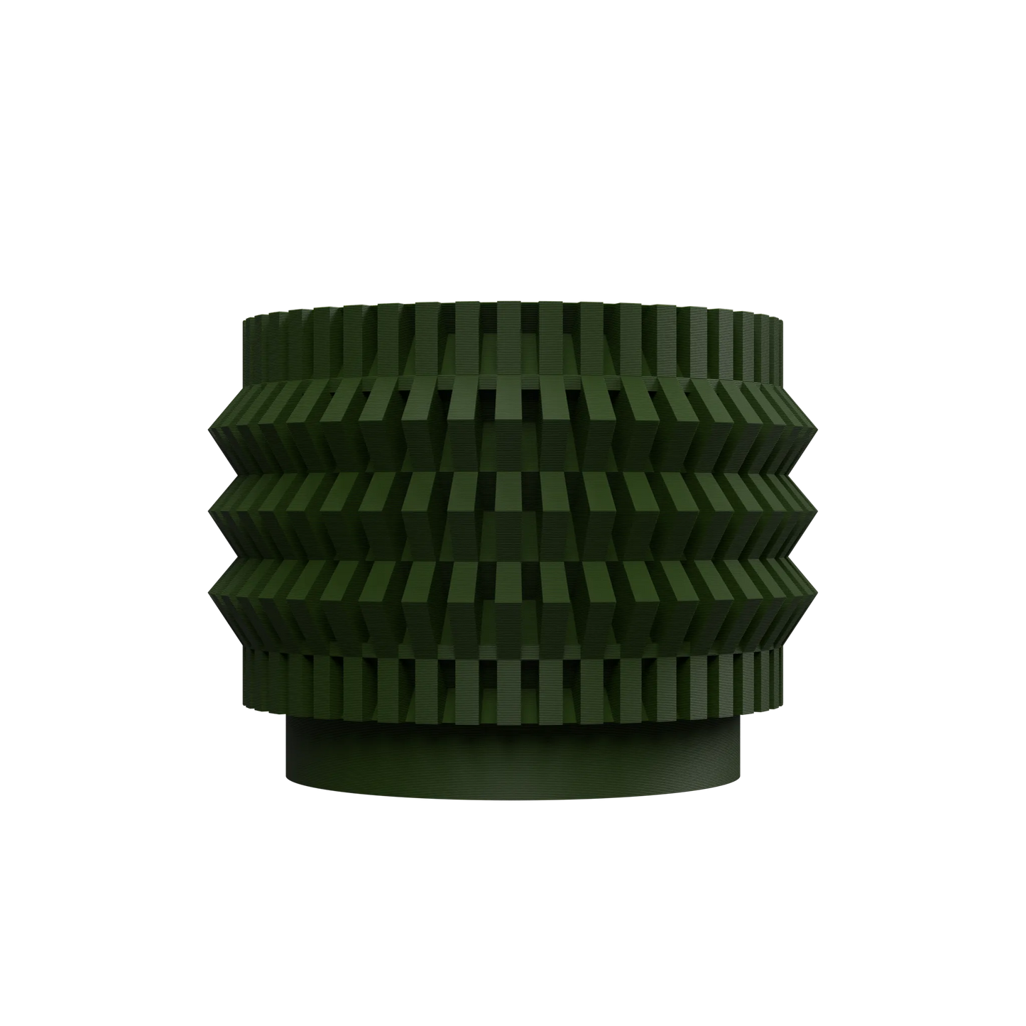 Pot décoratif vert foncé en plastique avec surface texturée en relief et striations horizontales, forme cylindrique évasée.