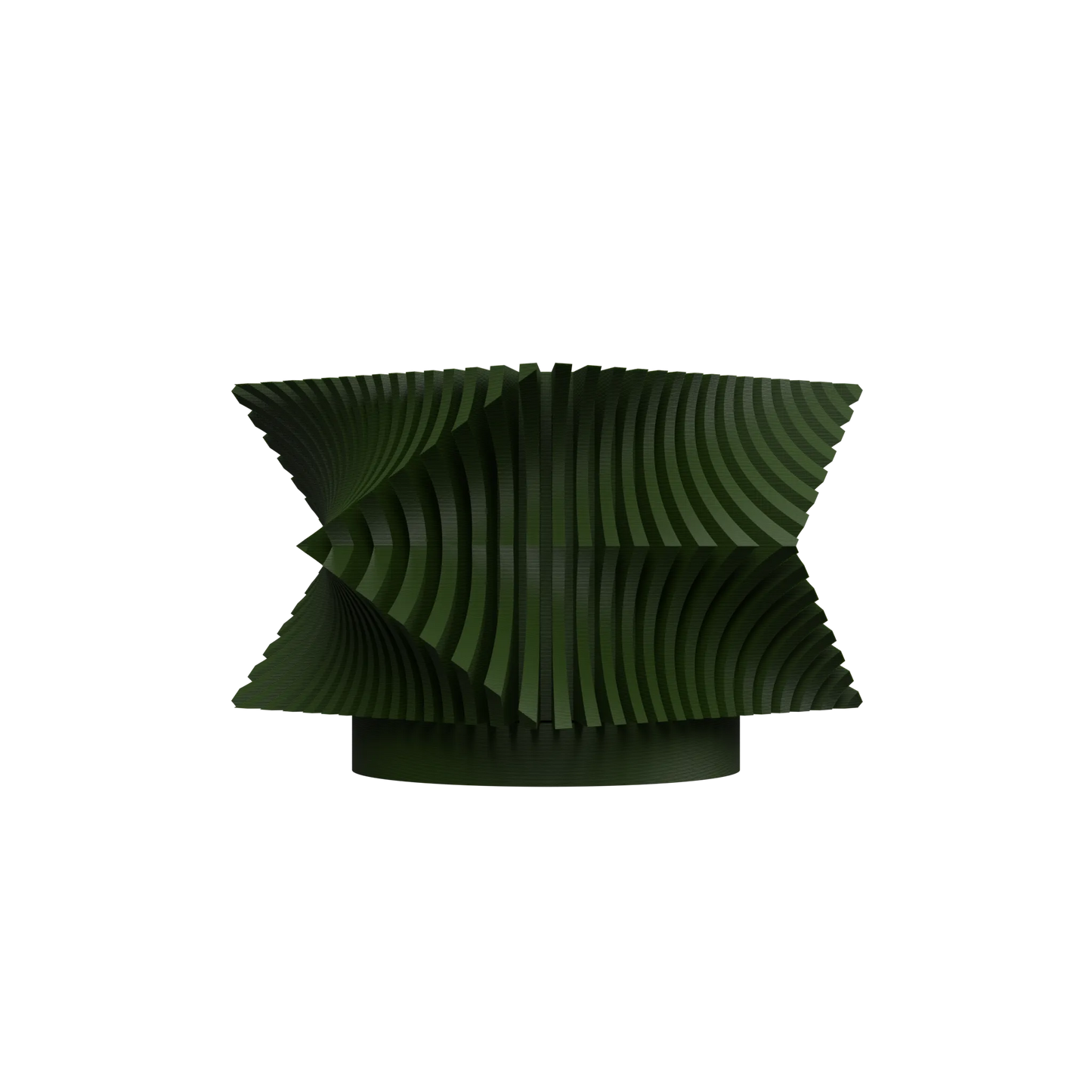 Pot décoratif moderne vert foncé en forme ondulée avec rainures horizontales uniformes, aspect texturé en plastique.