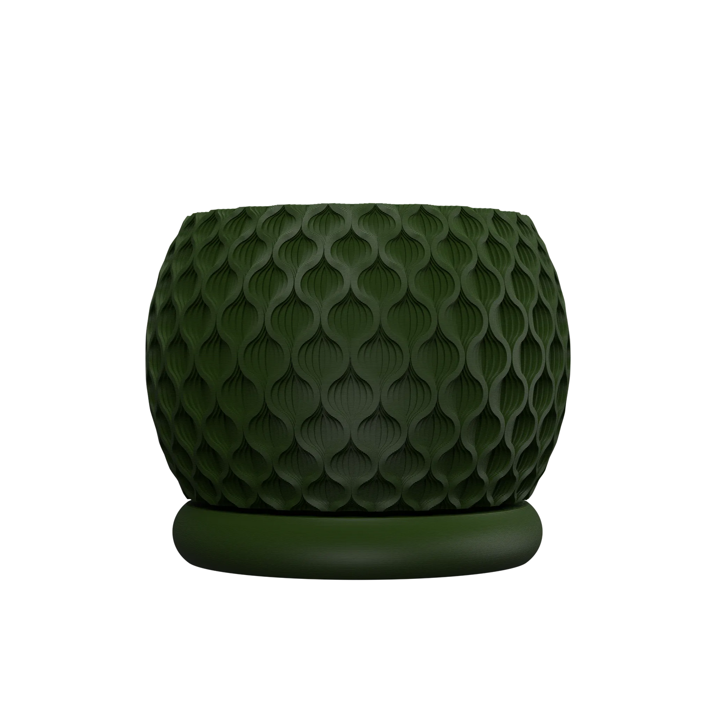 Pot décoratif vert foncé avec texture géométrique en relief rappelant des écailles, forme arrondie et base plate.