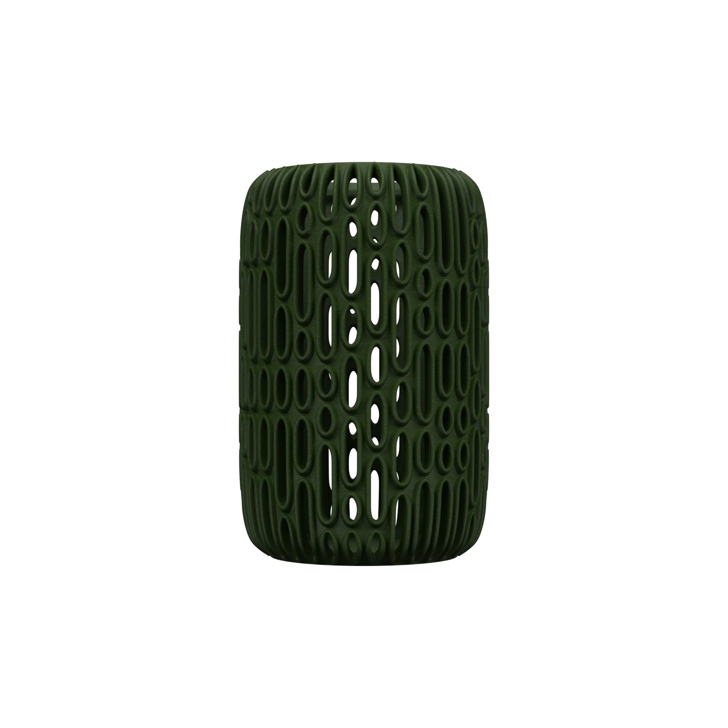 Vase vert foncé en matériau moderne avec surface sculptée en motifs organiques perforés, forme cylindrique arrondie.