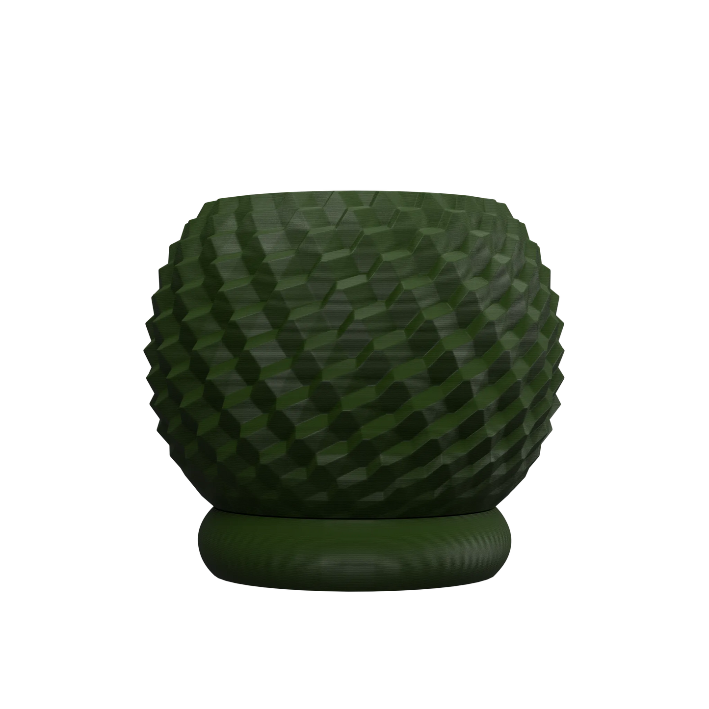 Pot décoratif rond vert foncé à motifs géométriques en relief avec base plate circulaire assortie.