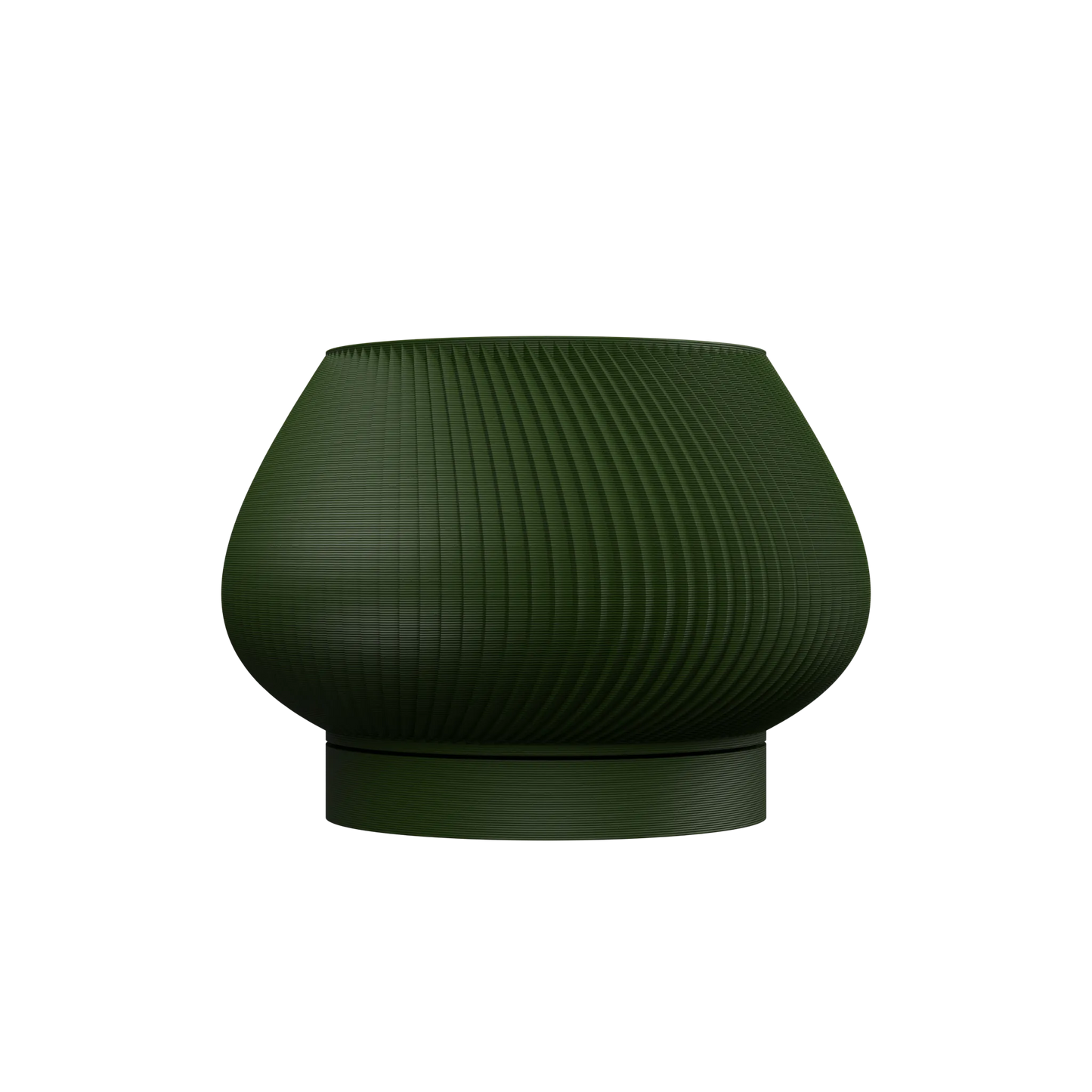 Pot décoratif vert foncé mat avec texture nervurée verticale et base arrondie élargie.
