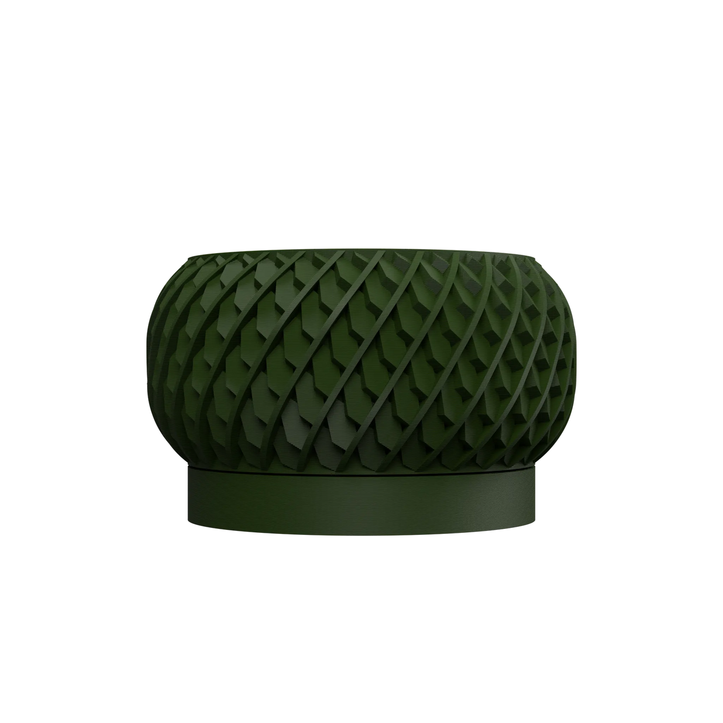 Pot décoratif rond vert foncé avec motif géométrique en relief et base lisse circulaire.