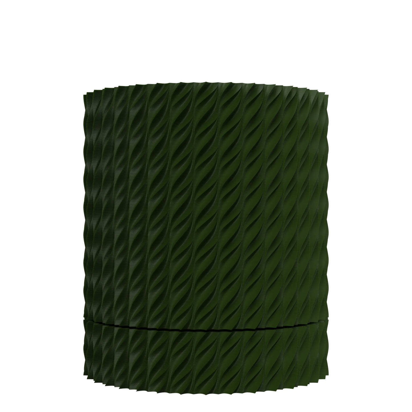 Pot décoratif vert foncé avec texture ondulée en spirale couvrant toute sa surface cylindrique.