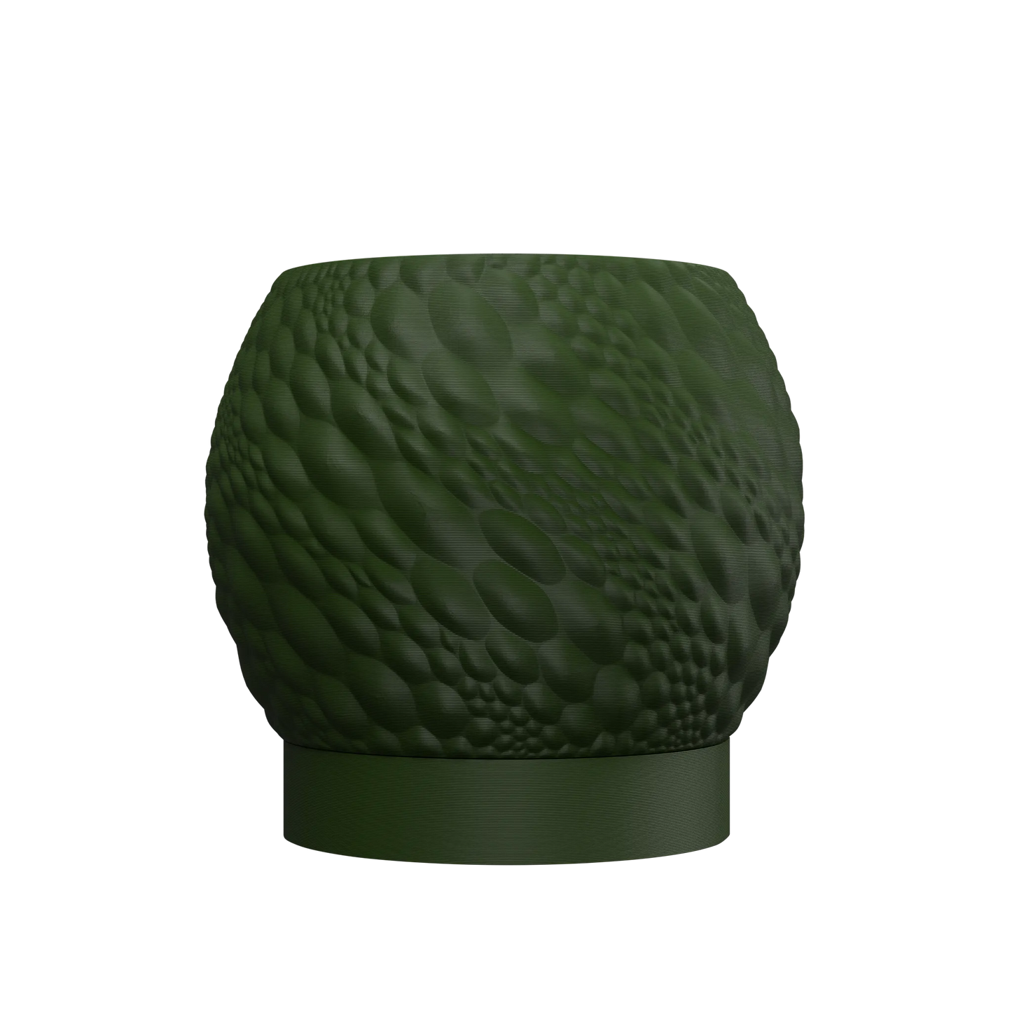 Pot décoratif vert foncé en plastique avec texture ondulée et base circulaire lisse, design moderne.