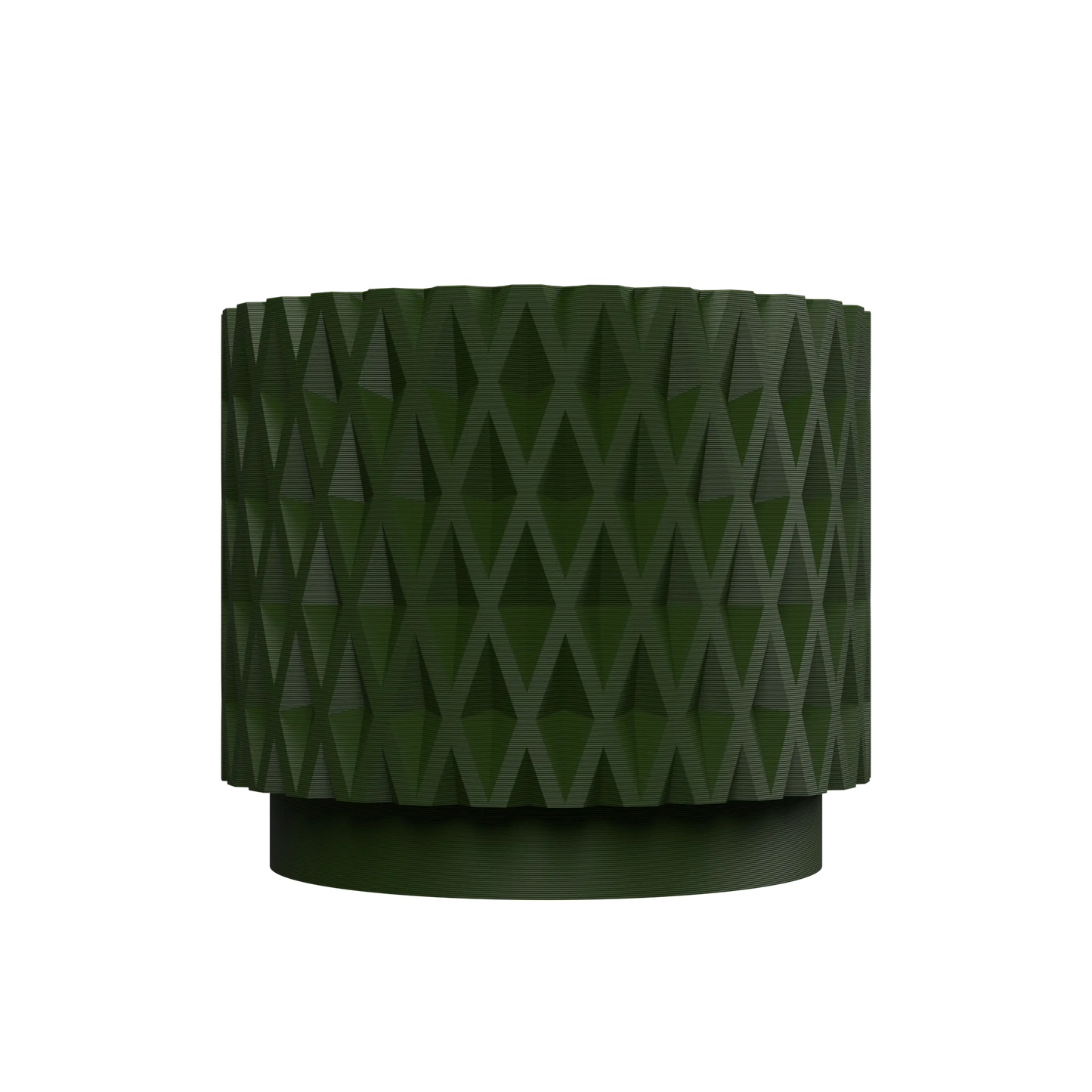 Pot décoratif vert foncé à motifs géométriques en relief, forme cylindrique avec base légèrement évasée, style moderne.