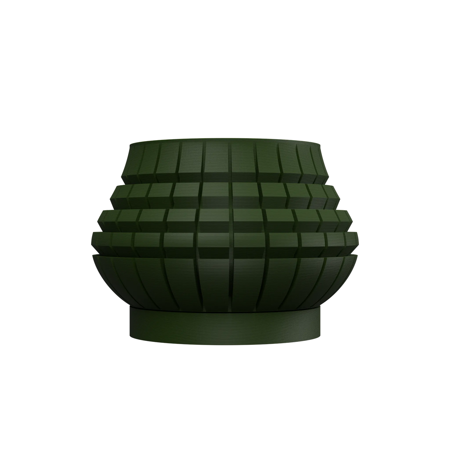 Pot décoratif vert foncé en forme arrondie avec motifs géométriques en relief et base plate.
