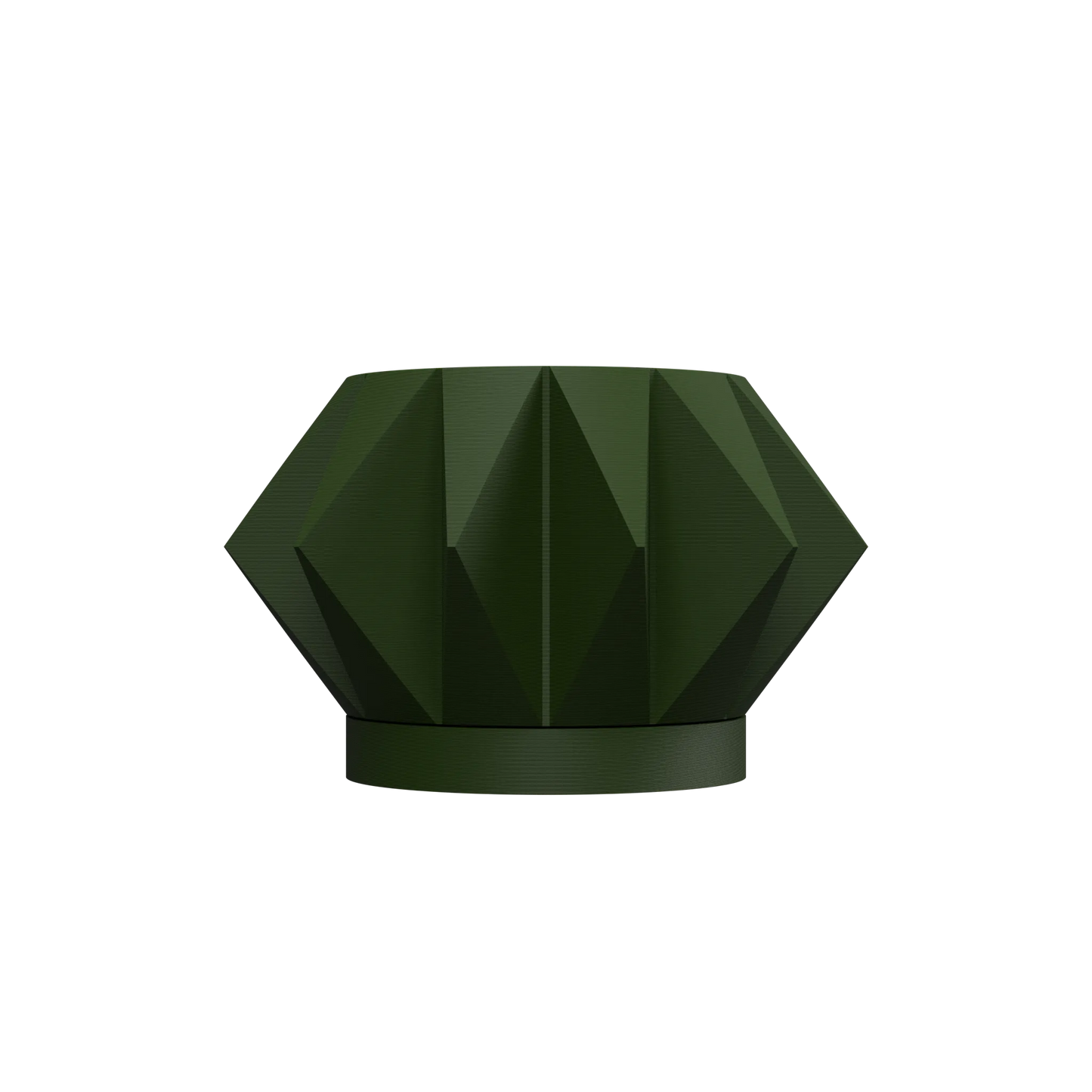 Pot décoratif vert foncé à forme géométrique facettée avec base circulaire solide, style moderne.
