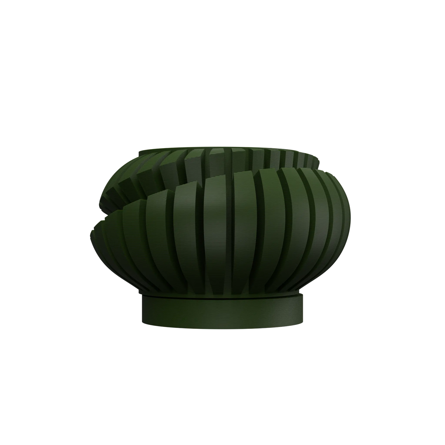 Pot décoratif Luxira vert foncé en plastique moderne avec design en lames verticales incurvées, base circulaire plate.