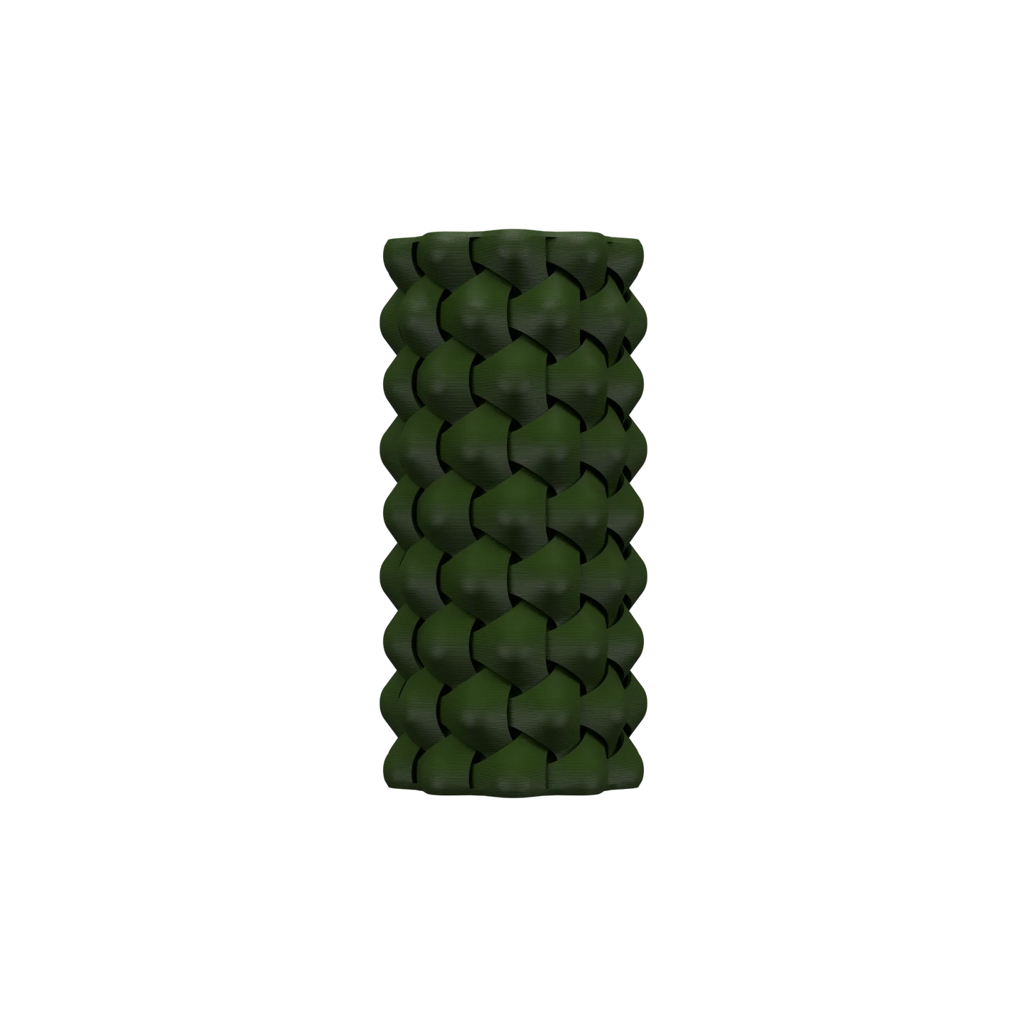 Vase cylindrique vert foncé avec motif tressé en relief évoquant une texture moderne et étanche.