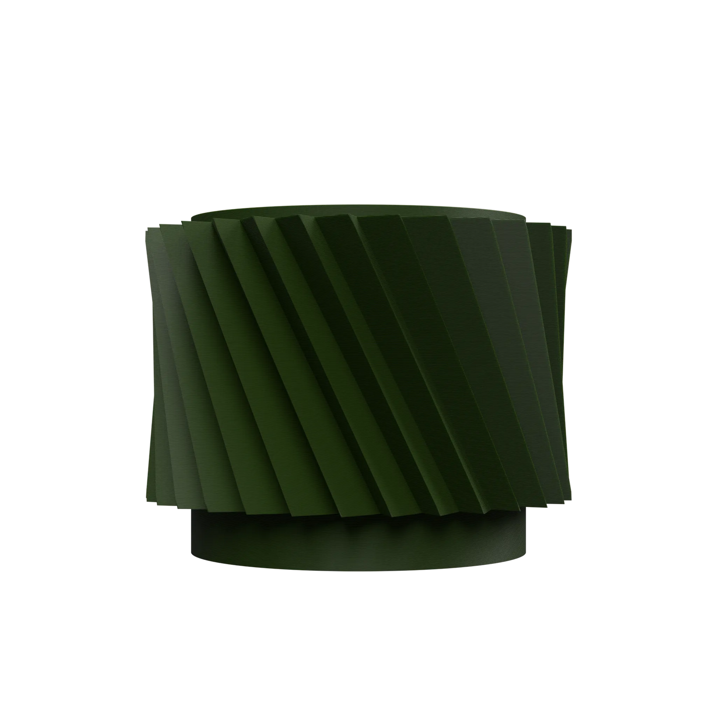 Pot décoratif moderne en métal vert foncé à surface striée diagonale avec base circulaire solide.