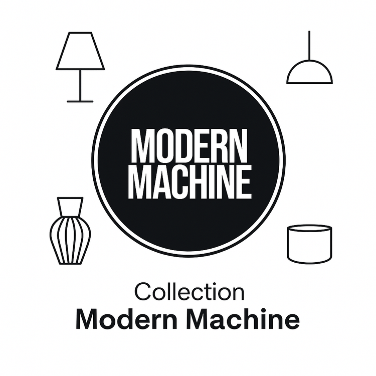 Modern Machine logo with table lamp, suspension, vase and planter pictogram