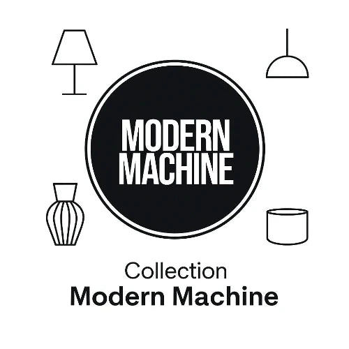 Modern Machine logo with table lamp, suspension, vase and planter pictogram
