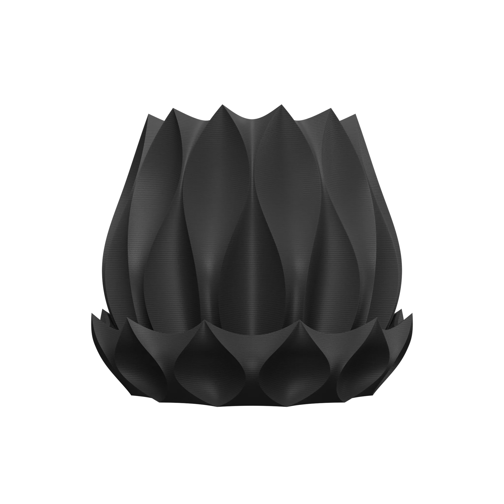 Pot décoratif noir mat avec texture torsadée en relief, forme ronde et base évasée.