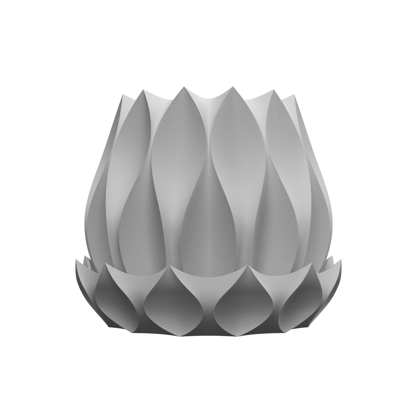 Pot décoratif gris clair en forme de fleur stylisée avec pétales incurvés en relief, design moderne et symétrique, base.