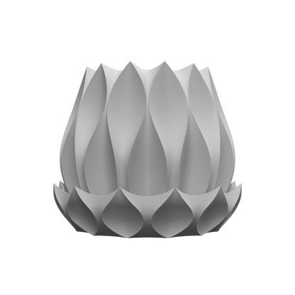 Pot décoratif gris clair en forme de fleur stylisée avec pétales incurvés en relief, design moderne et symétrique, base.