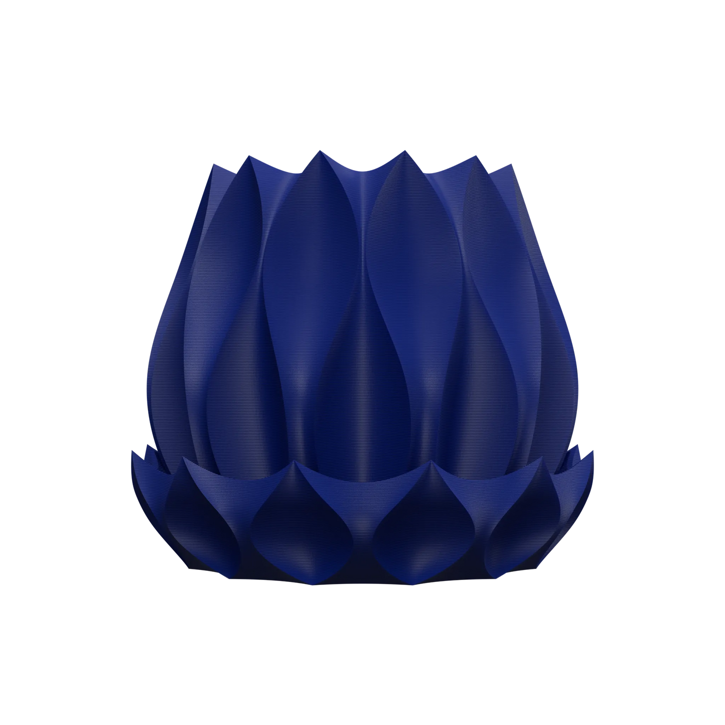 Pot décoratif bleu profond avec surface texturée en relief ondulé, forme arrondie et ouverte en haut.