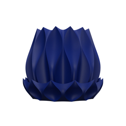 Pot décoratif bleu profond avec surface texturée en relief ondulé, forme arrondie et ouverte en haut.