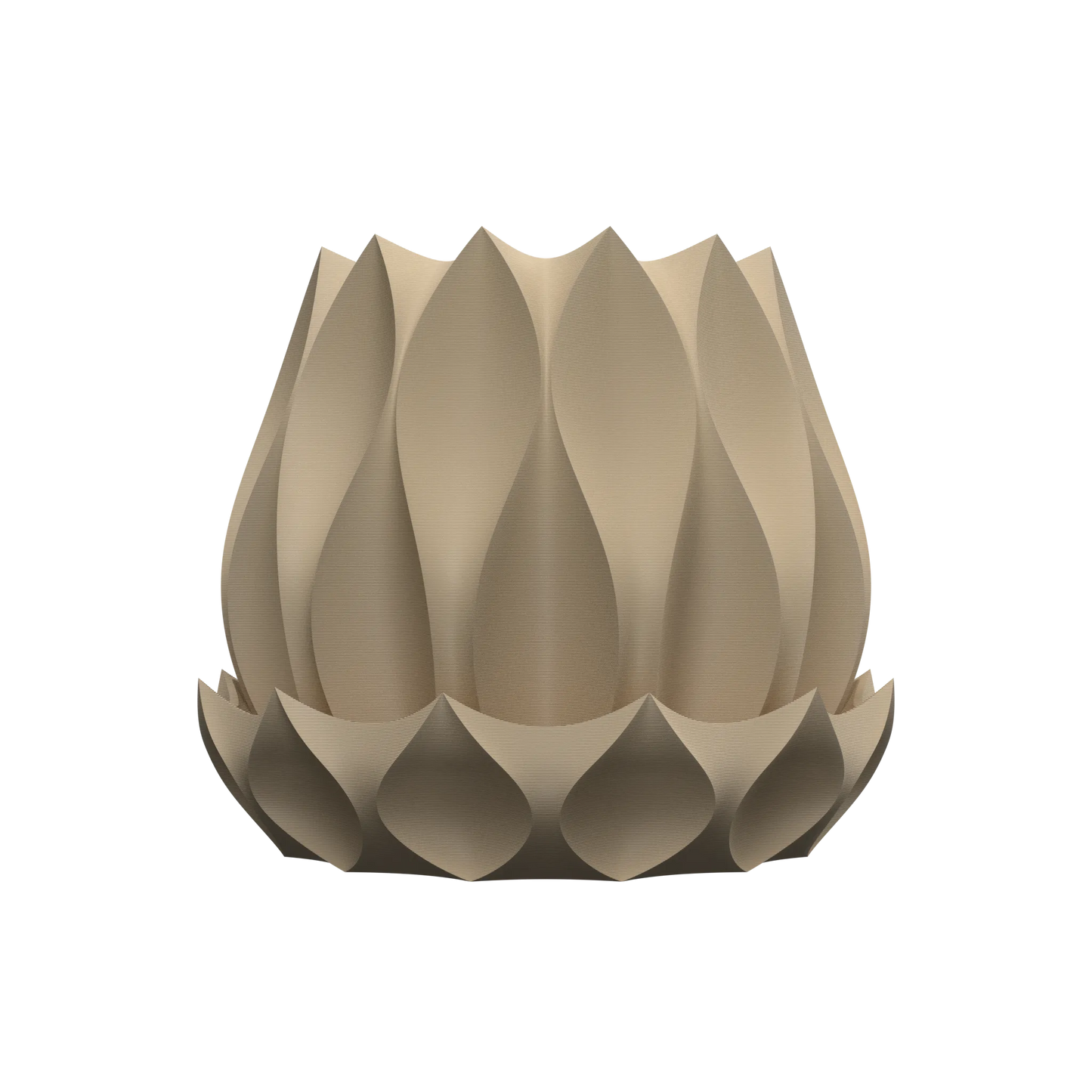 Pot décoratif beige en forme de fleur stylisée avec pétales allongés et arrondis, design moderne et sculptural.