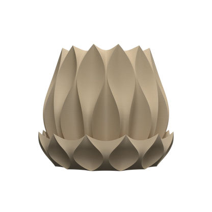 Pot décoratif beige en forme de fleur stylisée avec pétales allongés et arrondis, design moderne et sculptural.