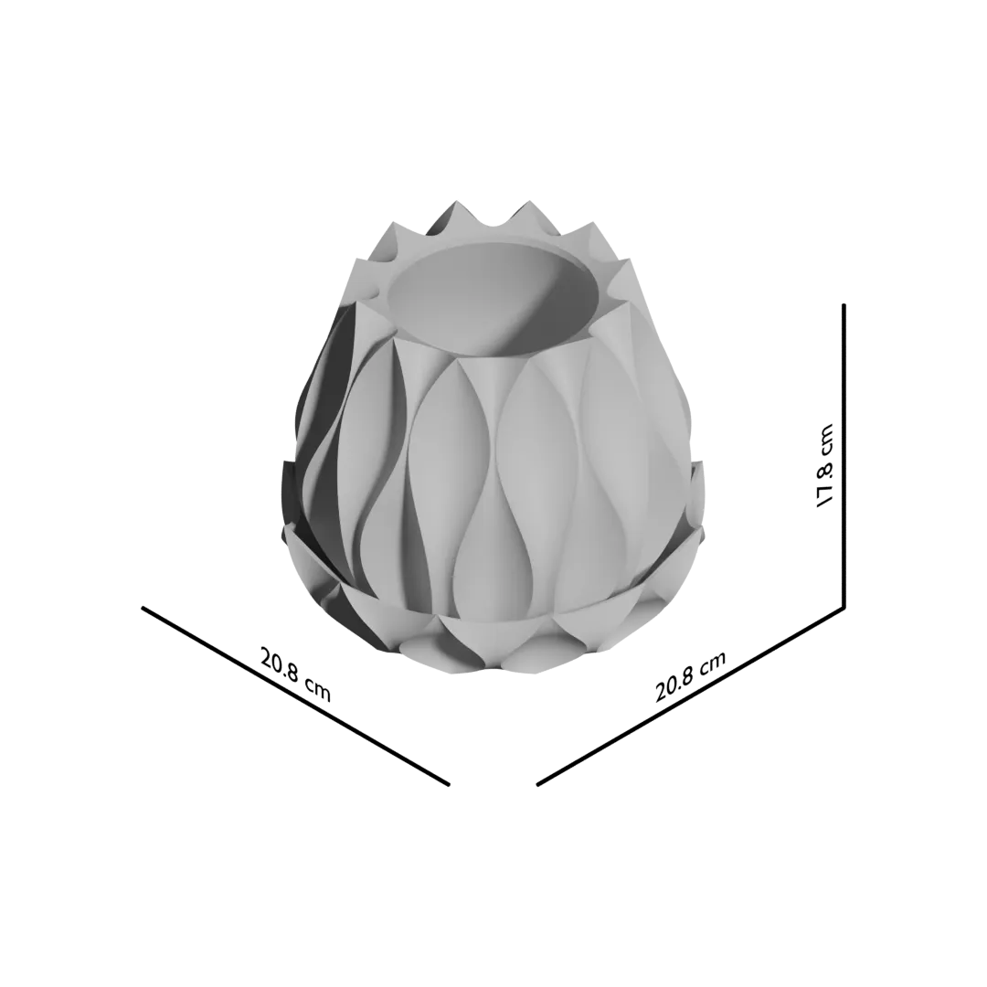 Pot décoratif gris clair en matériau moderne, forme cylindrique arrondie aux douces ondulations verticales et bord supérieur