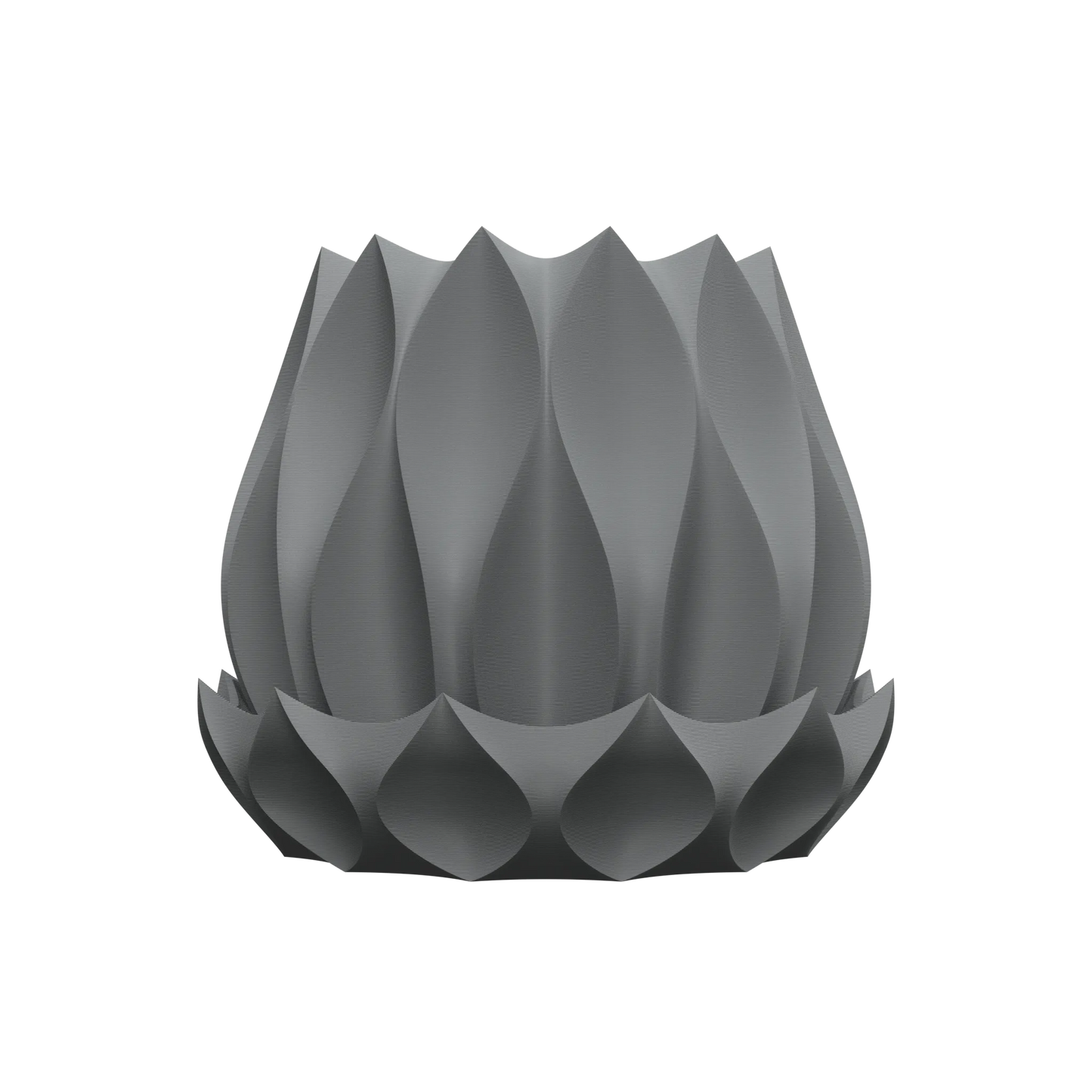 Pot décoratif gris foncé avec motifs en spirale ondulée moderne, forme arrondie et lisse.