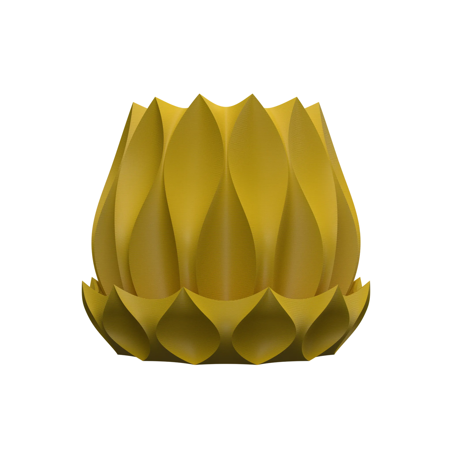 Pot décoratif moderne jaune moutarde avec motifs en relief ondulés et formes géométriques en relief sur toute la surface.