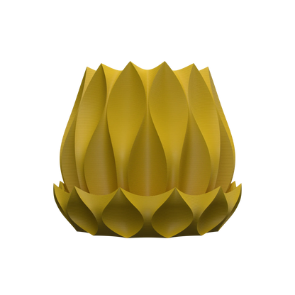 Pot décoratif moderne jaune moutarde avec motifs en relief ondulés et formes géométriques en relief sur toute la surface.