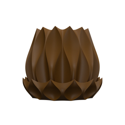 Pot décoratif marron en matériau moderne, forme ondulée et sculpturale, design organique et contemporain.