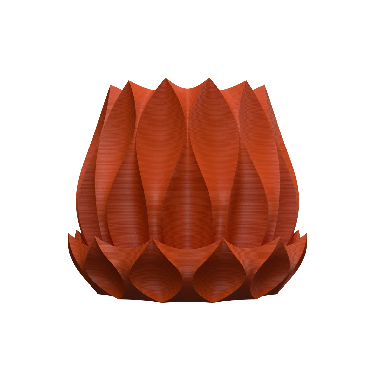 Pot décoratif rouge brique moderne en forme de pétales incurvés en symétrie, style machine.