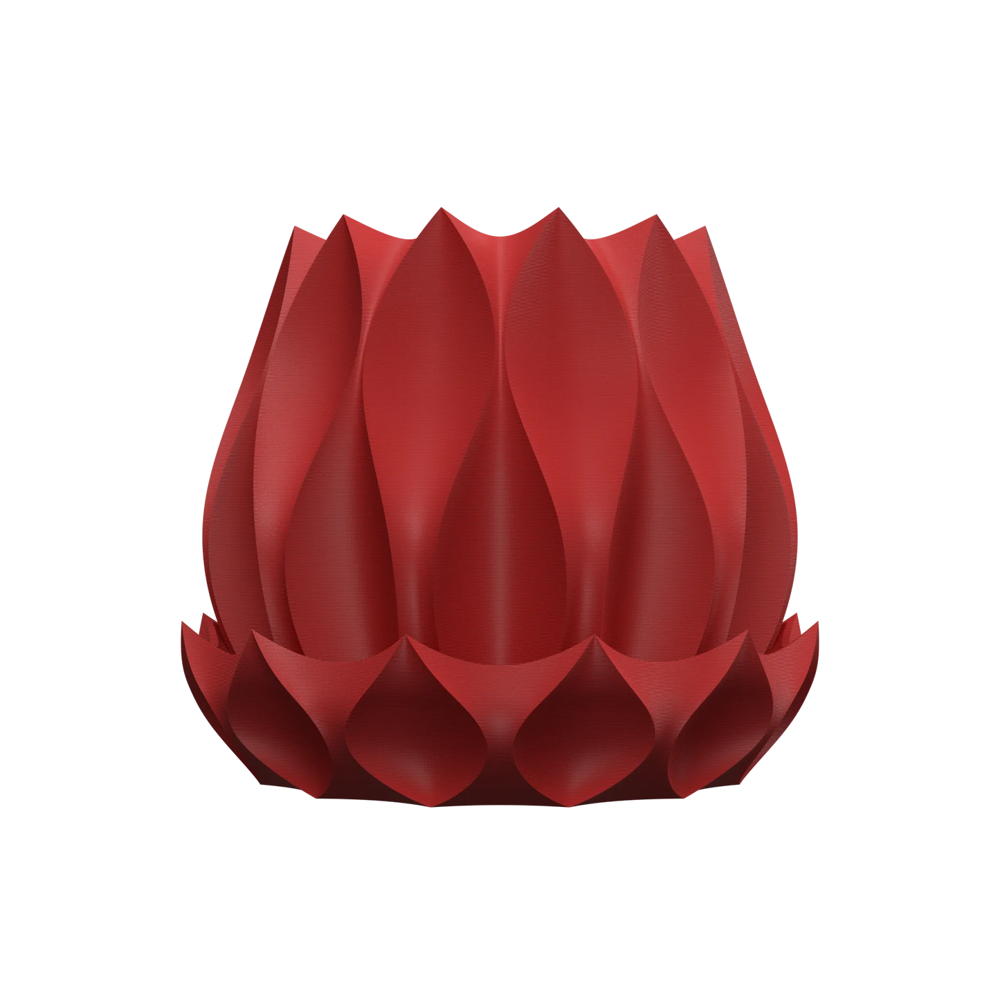 Pot décoratif rouge foncé en forme de fleur aux pétales tridimensionnels incurvés, design moderne et sculptural.