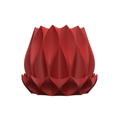 Pot décoratif rouge foncé en forme de fleur aux pétales tridimensionnels incurvés, design moderne et sculptural.