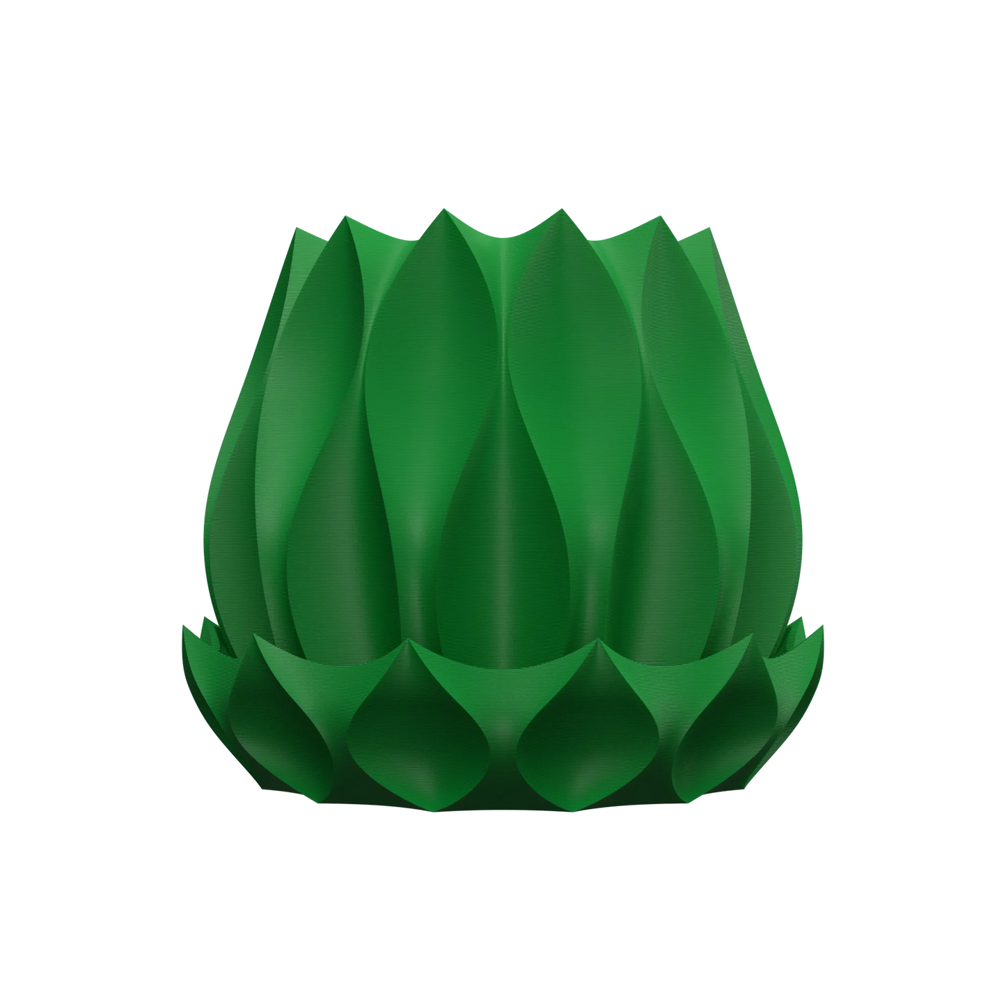 Pot décoratif vert foncé avec surface texturée en formes organiques arrondies et sculptées, silhouette arrondie et moderne.