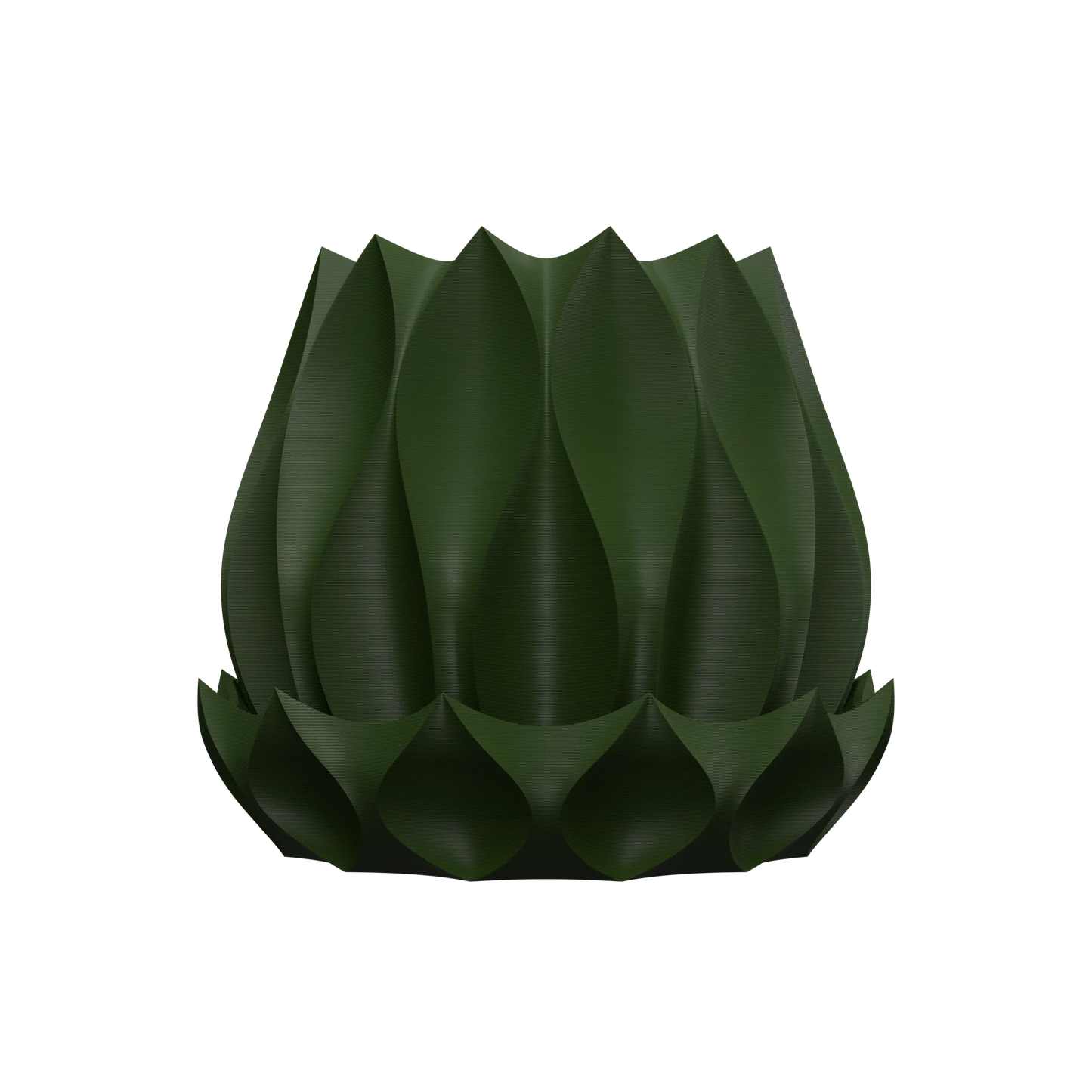 Pot décoratif vert foncé en forme de pétales entrelacés, style moderne et sculptural, finition mate.