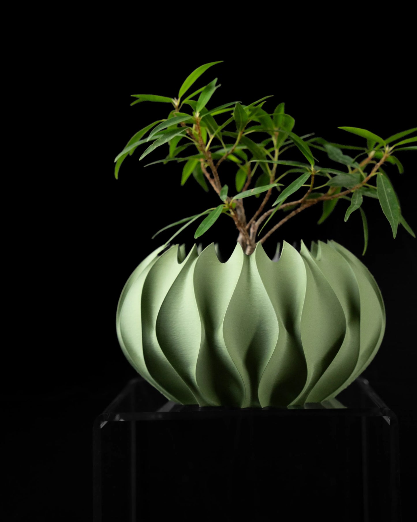 Pot décoratif vert clair en matériau durable avec design contemporain ondulé, forme sculpturale moderne.