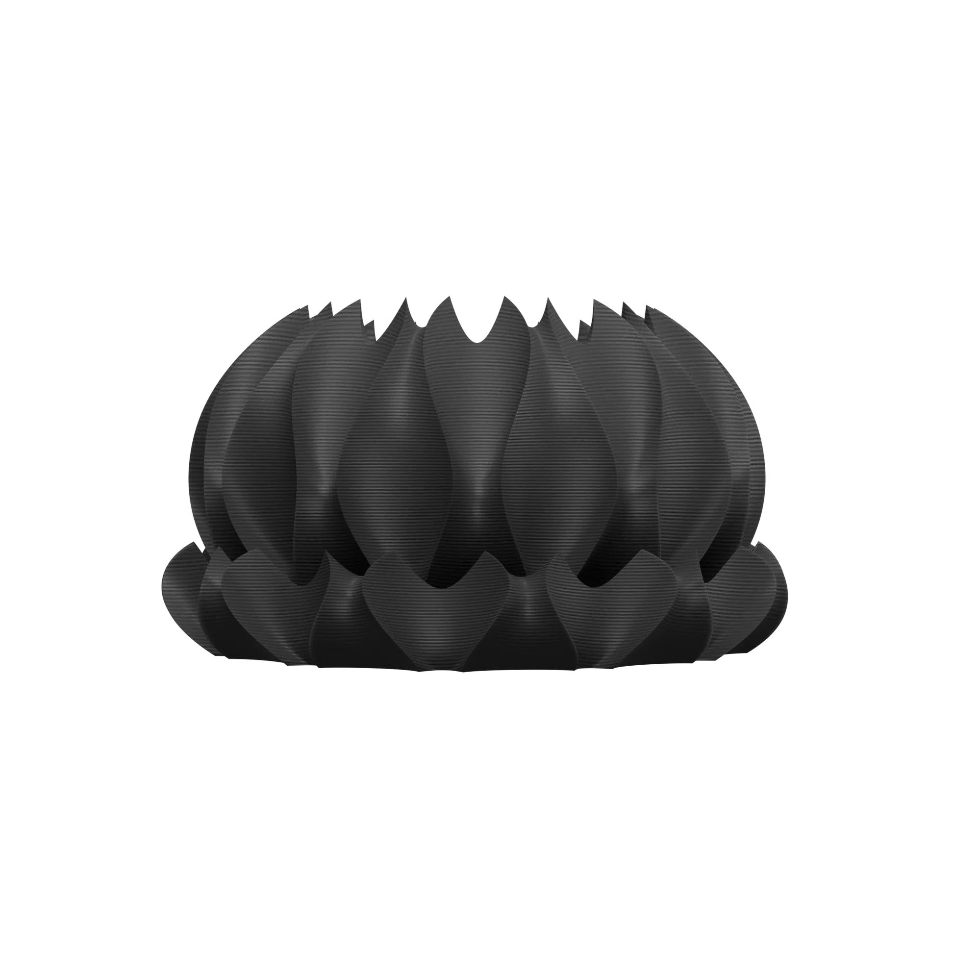 Pot décoratif noir mat en forme de fleur stylisée avec pétales épais et courbés, design moderne et sculptural.