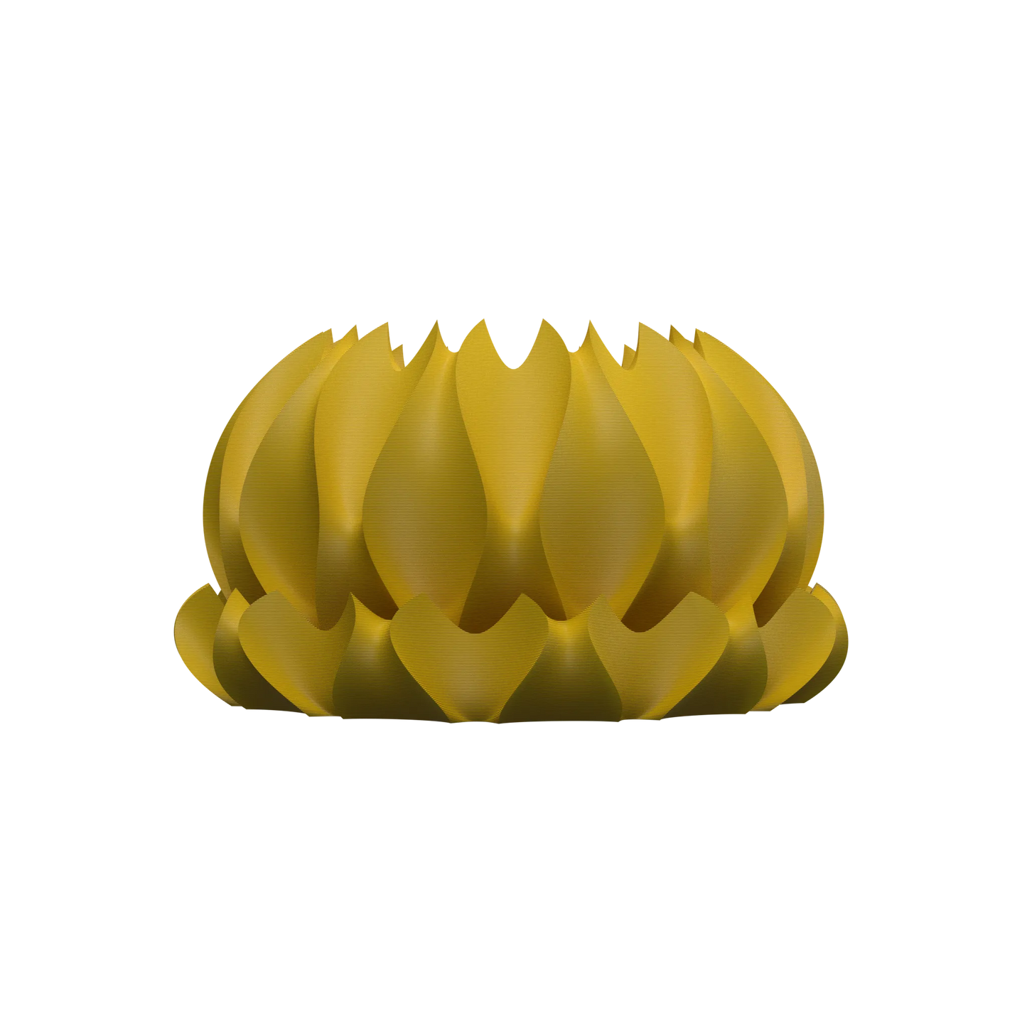 Pot décoratif jaune moutarde en forme organique avec pétales superposées et texture lisse, style moderne.