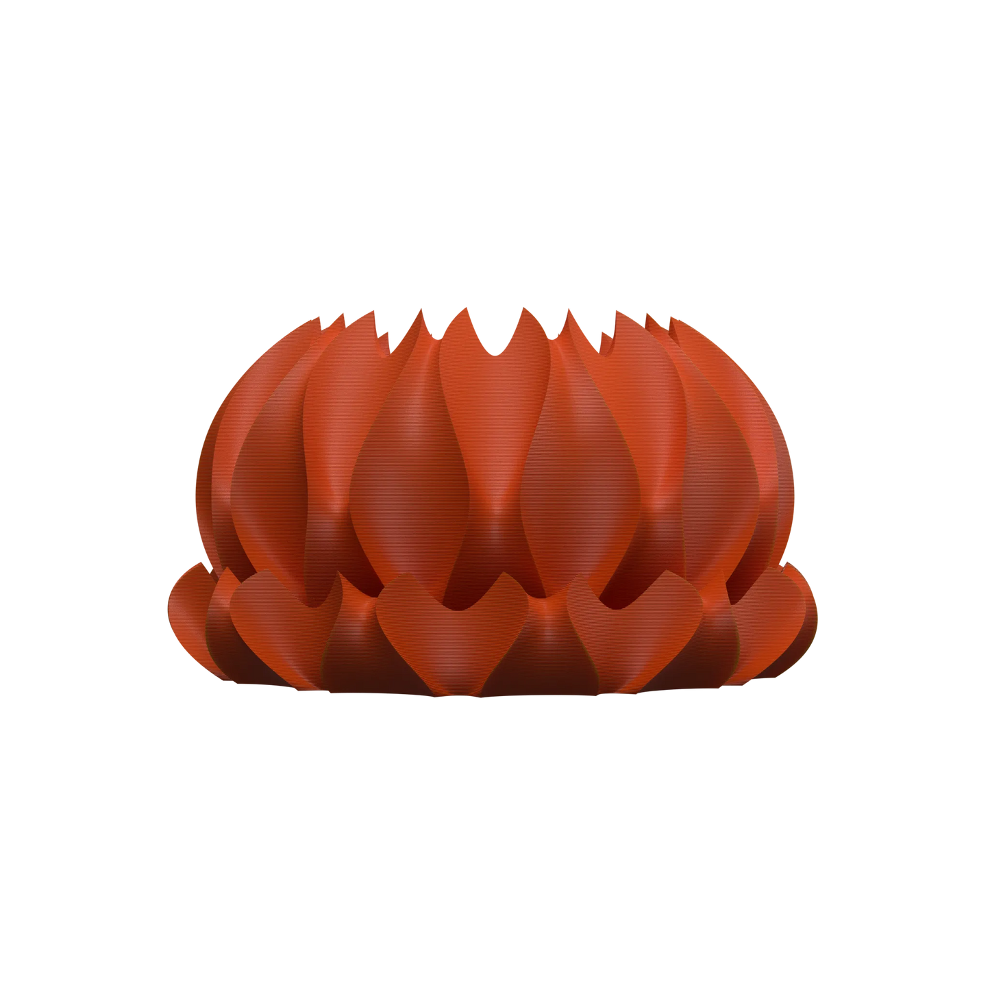 Pot décoratif moderne en plastique orange avec des pétales incurvées formant une structure arrondie et aérée.