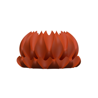 Pot décoratif moderne en plastique orange avec des pétales incurvées formant une structure arrondie et aérée.