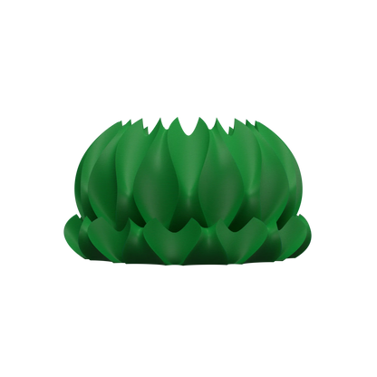 Pot décoratif vert profond en forme de fleur stylisée aux pétales arrondis et ondulés, design moderne et sculptural.