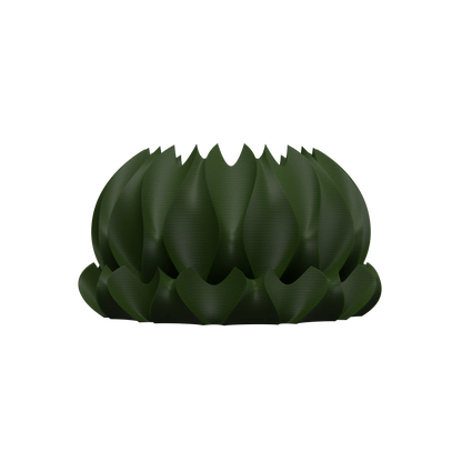 Pot décoratif vert foncé en résine, design moderne en forme de fleur aux pétales larges et incurvés, finition lisse et.