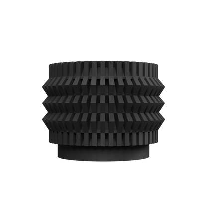 Pot décoratif noir mat en matériau texturé avec motif géométrique en relief, forme cylindrique large et base plate.