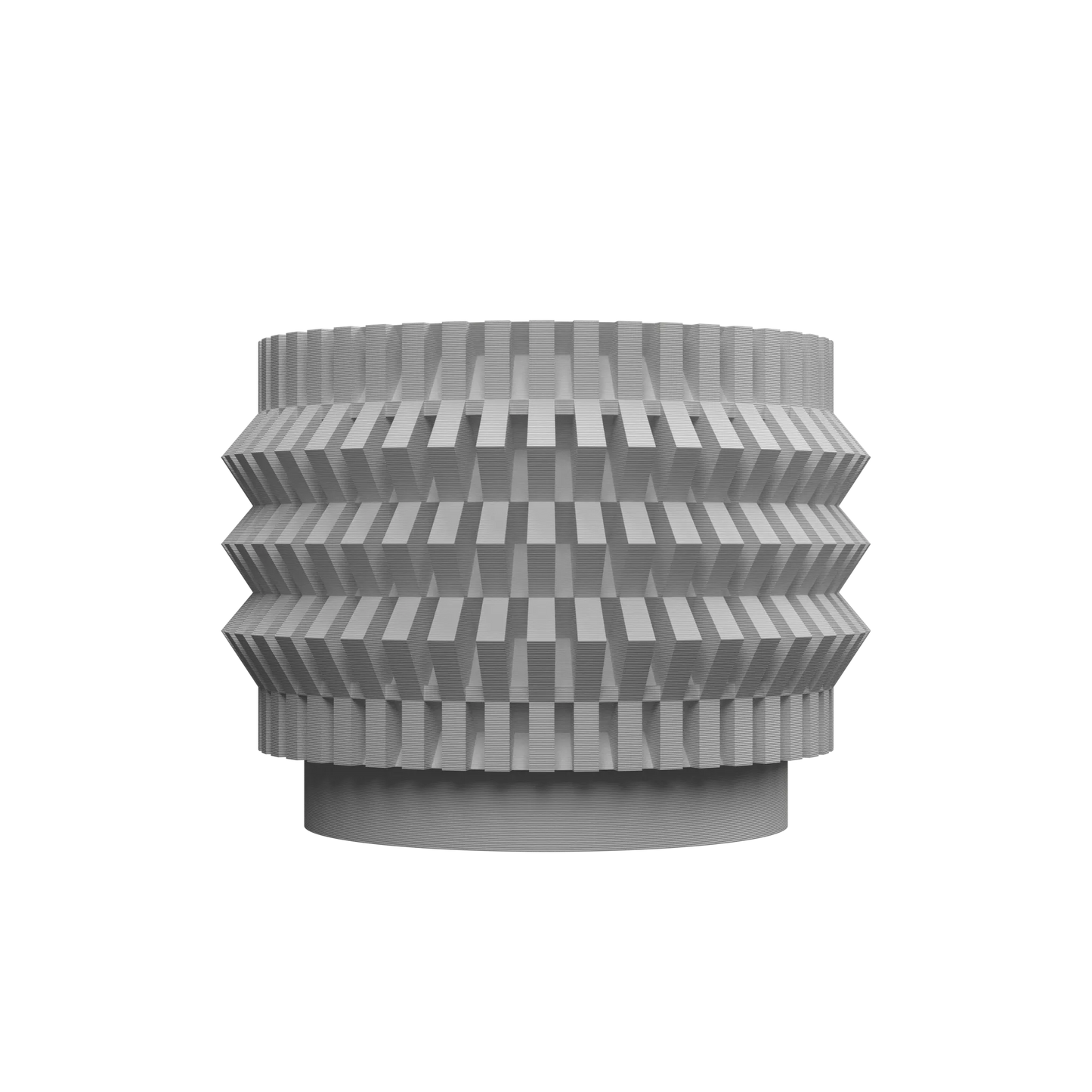 Pot décoratif gris clair en plastique avec design moderne à découpe géométrique en forme de bandes horizontales ondulées.