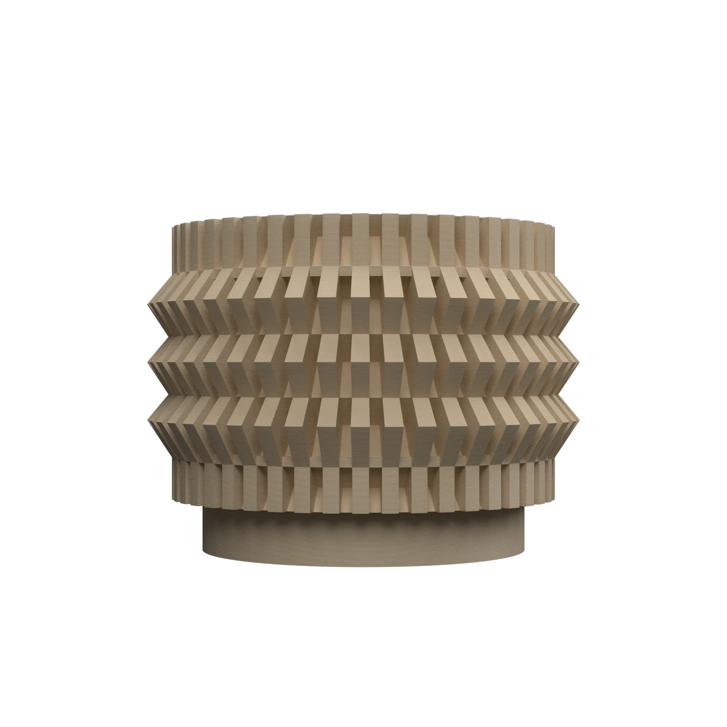 Pot décoratif beige en forme cylindrique avec surfaces ondulées et découpes géométriques régulières.