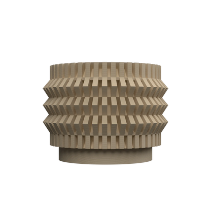 Pot décoratif beige en forme cylindrique avec surfaces ondulées et découpes géométriques régulières.
