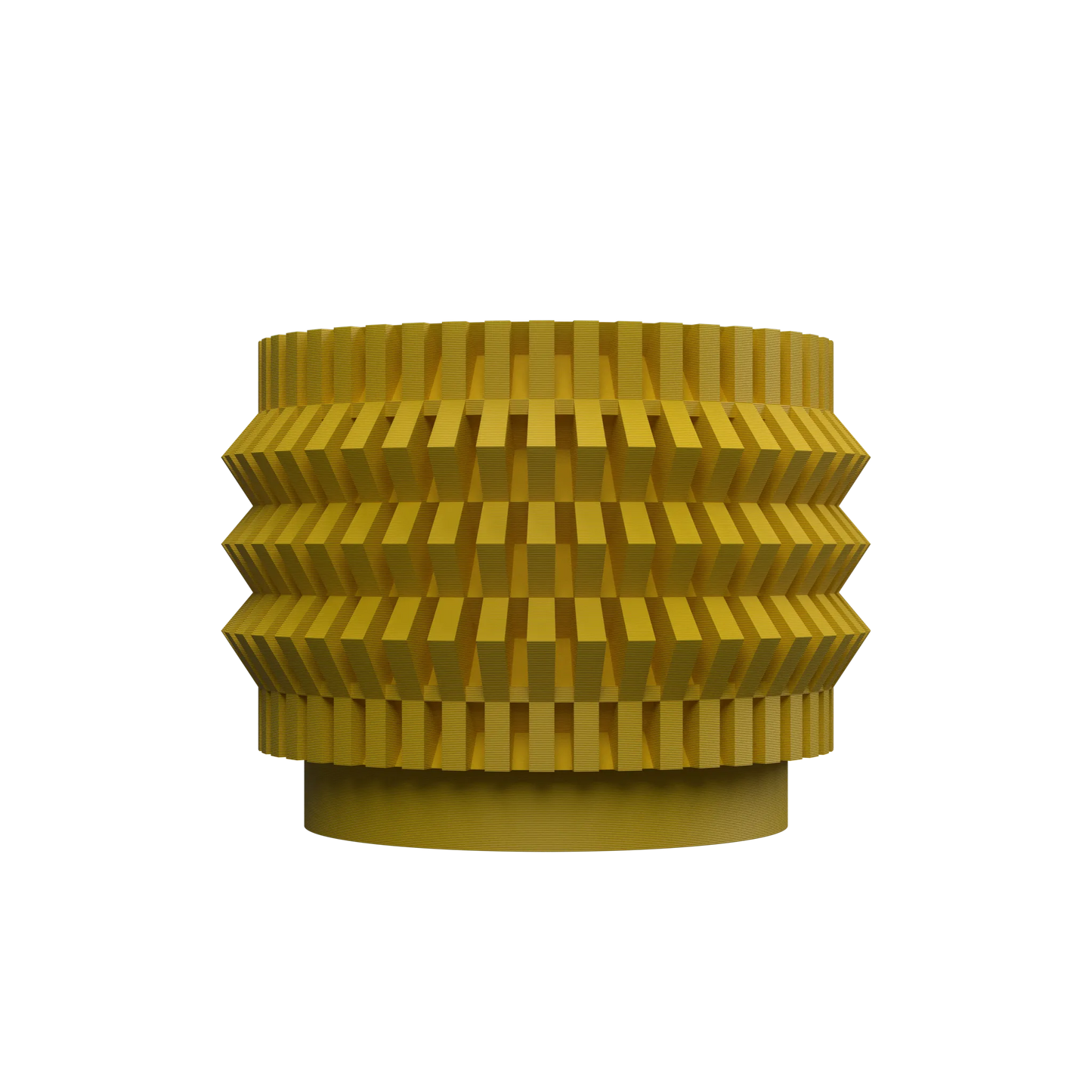 Pot décoratif Alio jaune moutarde, forme cylindrique, surface composée de motifs géométriques en relief empilés.