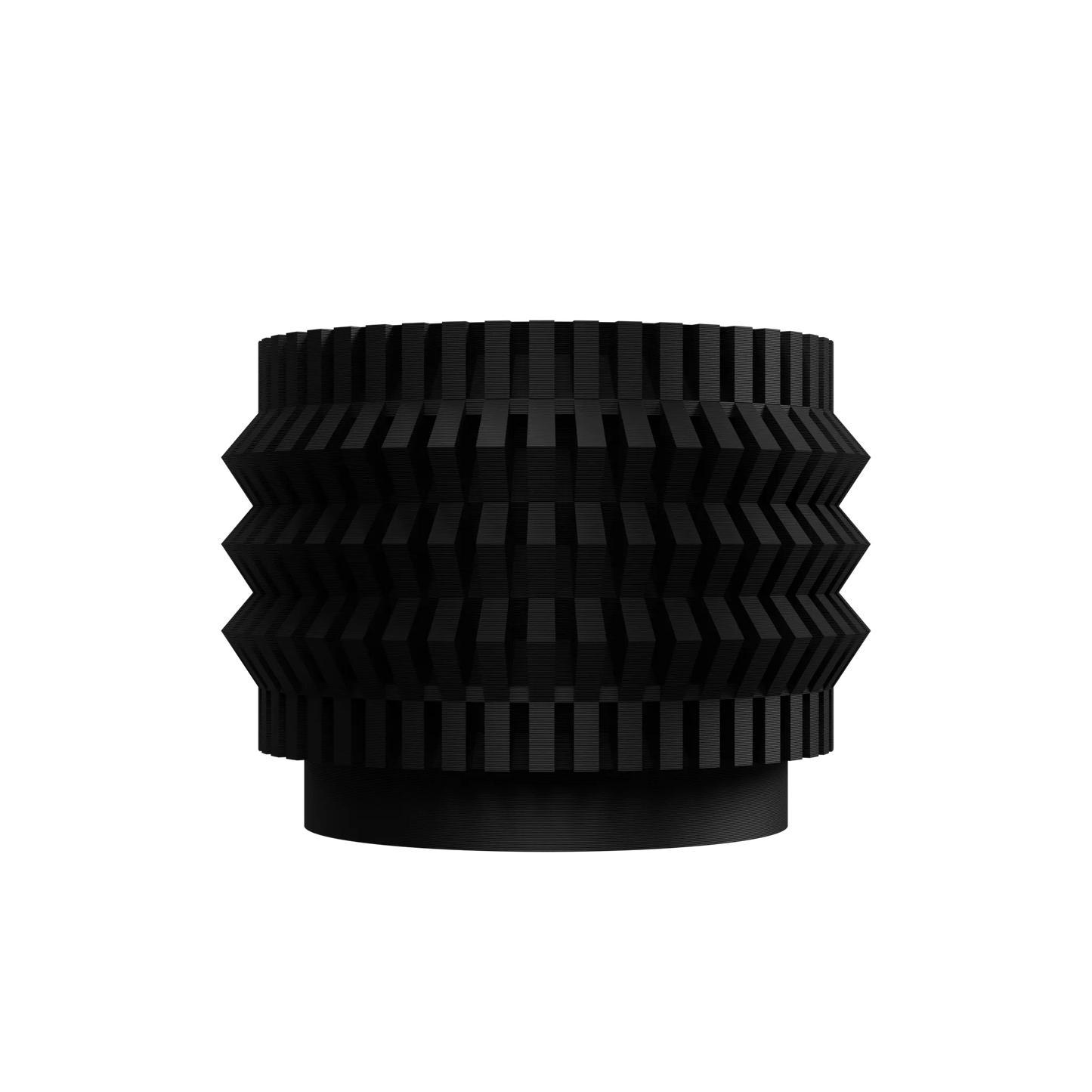 Pot décoratif noir mat avec surface texturée en relief géométrique, forme cylindrique et moderne.