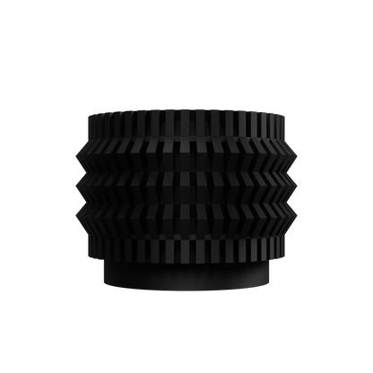 Pot décoratif noir mat avec surface texturée en relief géométrique, forme cylindrique et moderne.