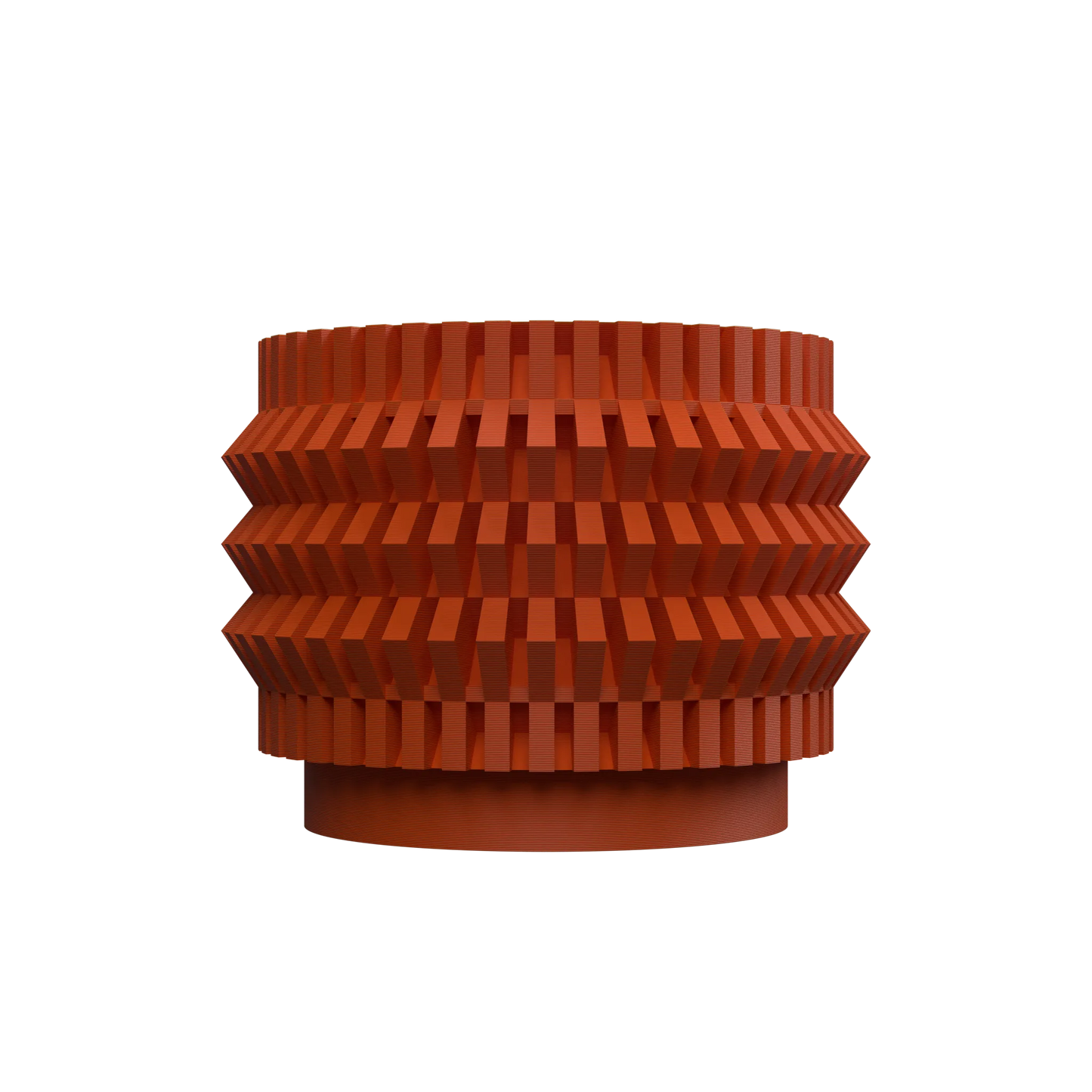Pot décoratif Alio en plastique orange avec surface texturée en relief géométrique et forme cylindrique aplatie.